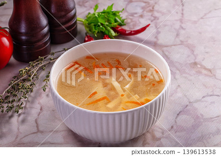Clear chicken soup with noodles Clear chicken soup with noodles 139613538