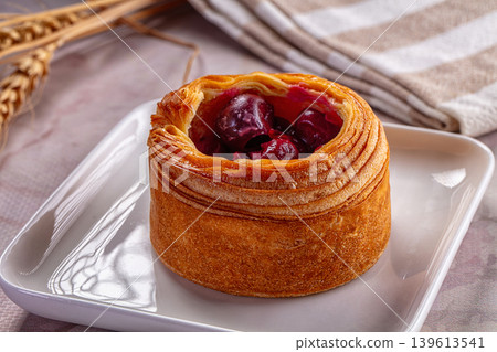 Volauvent puff dessert with cherry Volauvent puff dessert with cherry 139613541