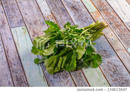 Fresh bunch of cilantro on a rustic multi colored wooden table background Fresh bunch of cilantro on a rustic multi colored wooden table background 139613697