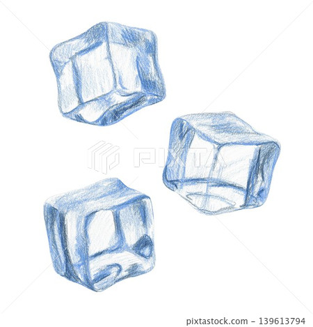 Hand drawn illustration with three ice cubes. Blue ice cube on a white background for graphic design. Isolated colored pencil illustration on white background. Hand drawn illustration with three ice cubes. Blue ice cube on a white background for graphic design. Isolated colored pencil illustration on white background. 139613794