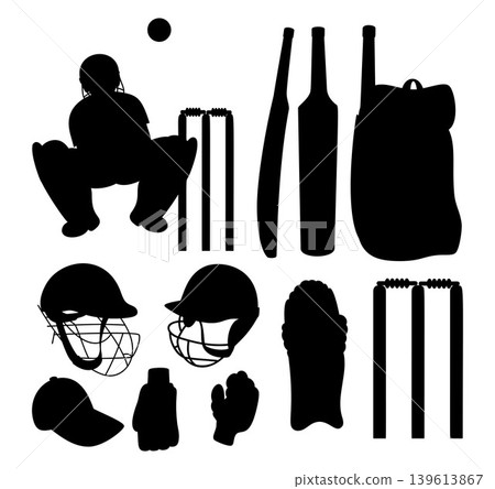 Cricket Player and Equipment Silhouette Set. Wicket Keeper, Bats, Helmets, Pads, Gloves, Ball and Gear Bag. Black Isolated Icons Collection. vector Illustration. Cricket Player and Equipment Silhouette Set. Wicket Keeper, Bats, Helmets, Pads, Gloves, Ball and Gear Bag. Black Isolated Icons Collection. vector Illustration. 139613867