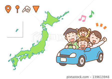 Illustration set of a family driving and a map of Japan | Rental cars, travel, family 139613948