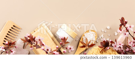 Natural Skincare and Spa Items with Cherry Blossoms Copy Space Natural Skincare and Spa Items with Cherry Blossoms Copy Space 139613960