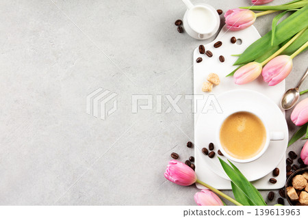 Spring Coffee Flat Lay with Tulips and Coffee Beans 139613963