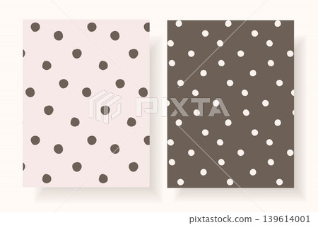 Seamless polka dot pattern set in two color variations: chocolate brown background with cream dots and blush pink background with dark brown dots. Ideal for fabric, wallpaper, wrapping paper. 139614001