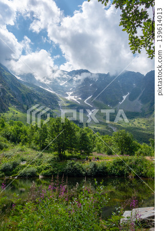 Alpine valley with lake and flowers in Les Contamines-Montjoie, France Alpine valley with lake and flowers in Les Contamines-Montjoie, France 139614013