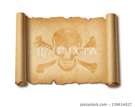 Pirate skull parchment scroll isolated on white Pirate skull parchment scroll isolated on white 139614027