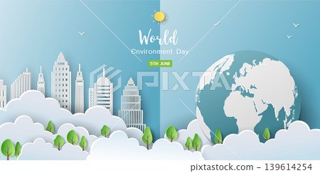 Poster campaign of world environment day,Background with eco city and globe on paper cut style Poster campaign of world environment day,Background with eco city and globe on paper cut style 139614254