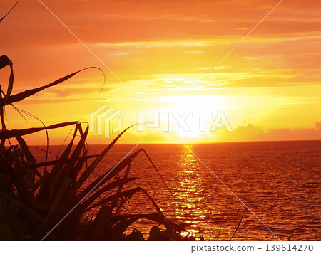 The orange hues of the Okinawan sunset and the calm sea The orange hues of the Okinawan sunset and the calm sea 139614270