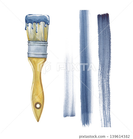 Watercolor paint brush with blue paint drips and textured brushstrokes. For art supply branding, creative workshop flyers, DIY home improvement blogs, and artistic background textures. Watercolor paint brush with blue paint drips and textured brushstrokes. For art supply branding, creative workshop flyers, DIY home improvement blogs, and artistic background textures. 139614382