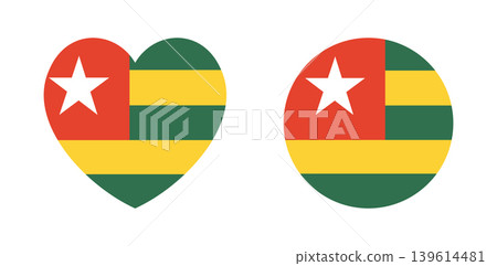 Flat of Togo circle, heart badge, sticker set. Togo flag round, heart button, banner, icon. National circular Togo flag country symbol, background. Flat of Togo circle, heart badge, sticker set. Togo flag round, heart button, banner, icon. National circular Togo flag country symbol, background. 139614481