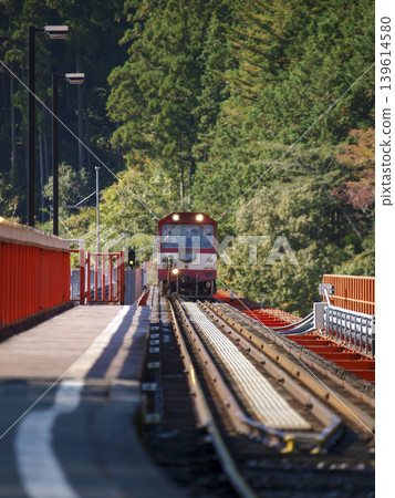 A trolley train entering Oku-Oi Lake Station A trolley train entering Oku-Oi Lake Station 139614580
