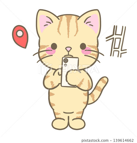 可愛的虎斑貓角色使用地圖應用程式找到目的地 | 導航搜尋插圖素材 可愛的虎斑貓角色使用地圖應用程式找到目的地 | 導航搜尋插圖素材 139614662