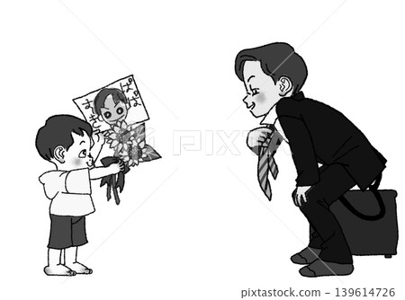 男孩送給父親向日葵和一幅畫像作為父親節禮物。 （黑白照片） 139614726
