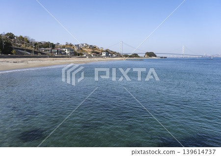View of Osaka Bay and the Akashi Kaikyo Bridge from Iwaya Beach View of Osaka Bay and the Akashi Kaikyo Bridge from Iwaya Beach 139614737