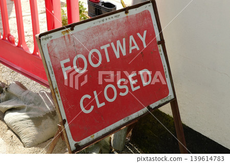 Assorted road signs being used in a UK town in 2026, some temporary some permanent. Including sign for diversions and walkways Assorted road signs being used in a UK town in 2026, some temporary some permanent. Including sign for diversions and walkways 139614783