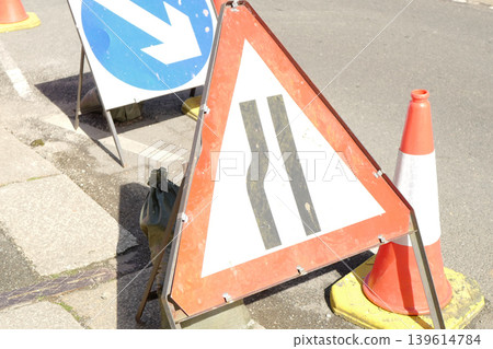 Assorted road signs being used in a UK town in 2026, some temporary some permanent. Including sign for diversions and walkways Assorted road signs being used in a UK town in 2026, some temporary some permanent. Including sign for diversions and walkways 139614784