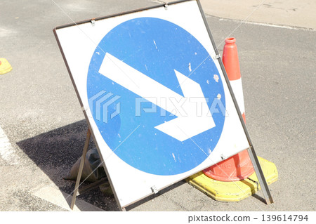 Assorted road signs being used in a UK town in 2026, some temporary some permanent. Including sign for diversions and walkways Assorted road signs being used in a UK town in 2026, some temporary some permanent. Including sign for diversions and walkways 139614794