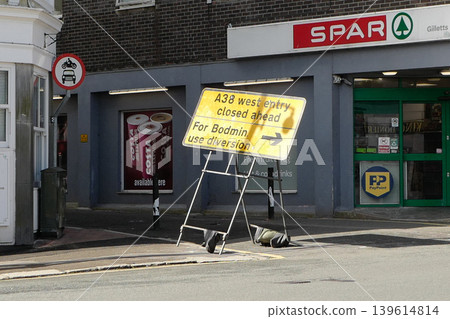 Assorted road signs being used in a UK town in 2026, some temporary some permanent. Including sign for diversions and walkways Assorted road signs being used in a UK town in 2026, some temporary some permanent. Including sign for diversions and walkways 139614814