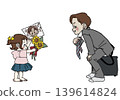 父親節那天，一個女孩送爸爸向日葵和一幅畫像。 139614824
