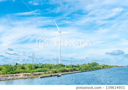 Wind Turbine for Clean Renewable Energy by the Coast under Bright Blue Sky 139614931