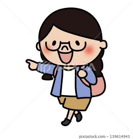 A girl with glasses and braided hair traveling with a backpack on her back. 139614943