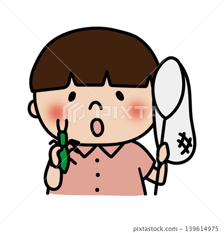 一個留著蘑菇頭、安靜地捕捉昆蟲的男孩。 一個留著蘑菇頭、安靜地捕捉昆蟲的男孩。 139614975