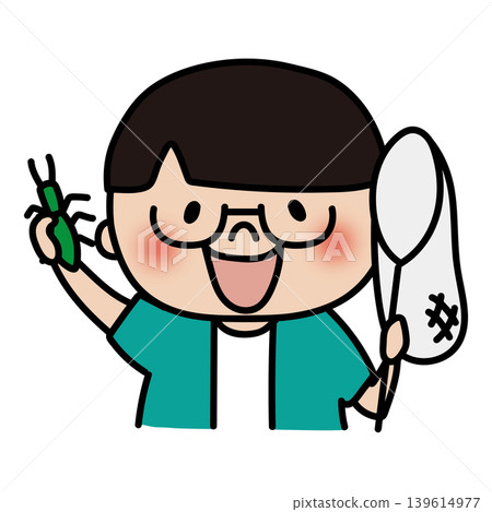 一個頭髮柔順、戴眼鏡的男孩正在捉昆蟲。 一個頭髮柔順、戴眼鏡的男孩正在捉昆蟲。 139614977
