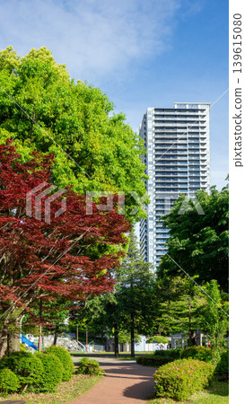 神奈川縣相模原市相模小野中央公園的鬱鬱蔥蔥綠植和高聳入雲的公寓大樓 神奈川縣相模原市相模小野中央公園的鬱鬱蔥蔥綠植和高聳入雲的公寓大樓 139615080