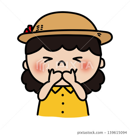 A fluffy, curly-haired child (girl) wearing a straw hat. A fluffy, curly-haired child (girl) wearing a straw hat. 139615094