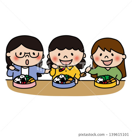 三個女孩一起吃午餐。 三個女孩一起吃午餐。 139615101