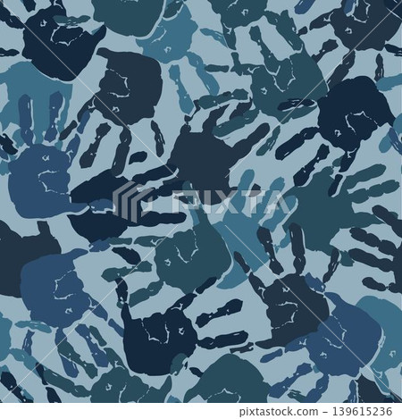 Seamless blue pattern with paint handprints of child, kid. Camouflage style. Random messy composition. Print for apparel, textile design Seamless blue pattern with paint handprints of child, kid. Camouflage style. Random messy composition. Print for apparel, textile design 139615236