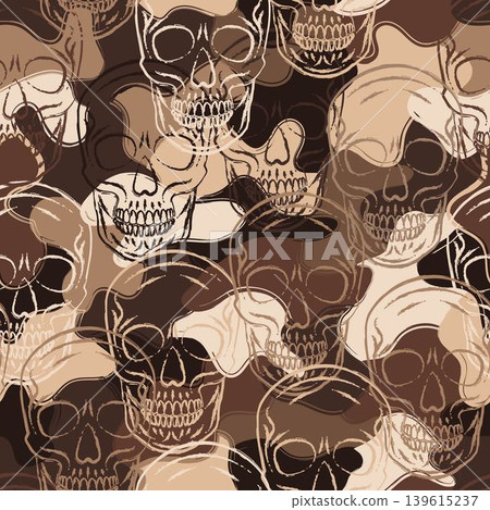 Brown camouflage pattern with human skulls. Contoured outline illustrations on overlapping irregular patches. Random composition. For apparel, clothing, fabric, textile, sport design Brown camouflage pattern with human skulls. Contoured outline illustrations on overlapping irregular patches. Random composition. For apparel, clothing, fabric, textile, sport design 139615237