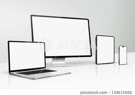 A mockup of computer screen, laptop, tablet, smartphone on a table A mockup of computer screen, laptop, tablet, smartphone on a table 139615688