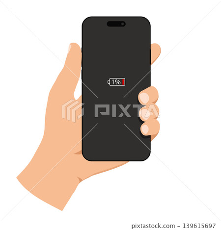 Hand holding smartphone with 1 percent battery charge on screen Hand holding smartphone with 1 percent battery charge on screen 139615697