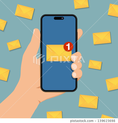Hand holding smartphone with new message notification on phone screen Hand holding smartphone with new message notification on phone screen 139615698