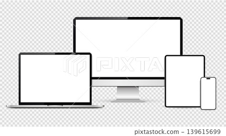 Realistic computer, laptop, tablet, and smartphone. Vector illustration of a device screen mockup. Realistic computer, laptop, tablet, and smartphone. Vector illustration of a device screen mockup. 139615699