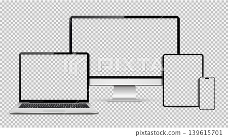 Empty screen computer, laptop, tablet, smartphone mockup. Set technology devices isolated on transparent background. Empty screen computer, laptop, tablet, smartphone mockup. Set technology devices isolated on transparent background. 139615701