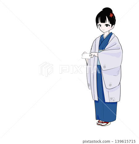 身穿和服的女子遞出一張卡片；斜角構圖。 139615715