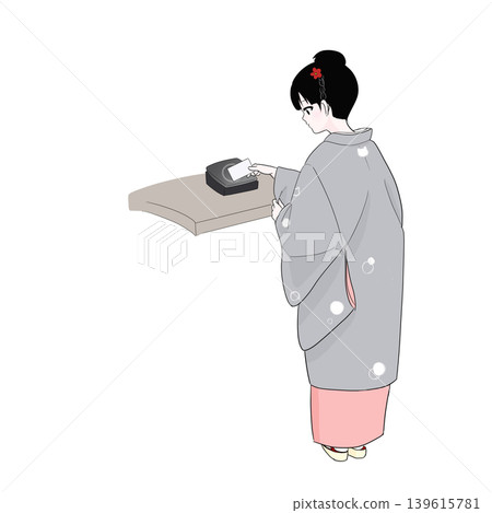 一位穿著和服的女士指導使用者使用非接觸式支付系統（後面視圖）。 139615781