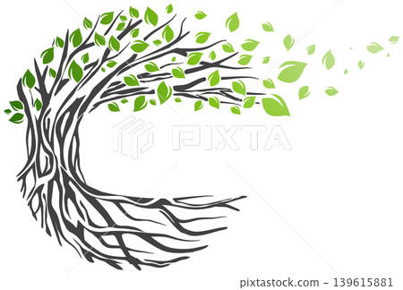 a tree with roots and leaves flying away in the wind a tree with roots and leaves flying away in the wind 139615881