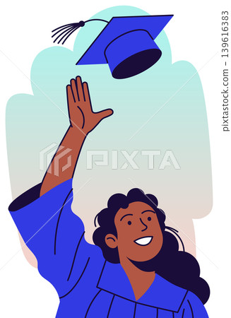 Graduate Catching Blue Cap in Blue Gown Graduate Catching Blue Cap in Blue Gown 139616383