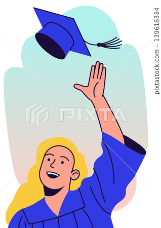 Graduate Catching Blue Cap in Blue Gown Graduate Catching Blue Cap in Blue Gown 139616384