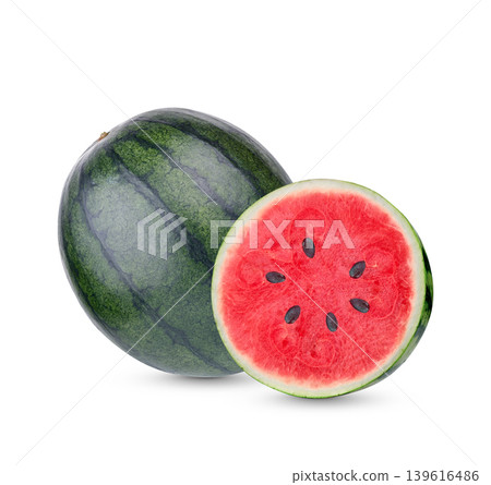 Fresh water melon with half isolated on white background . Fresh water melon with half isolated on white background . 139616486