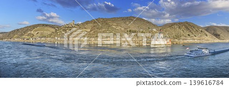 Pfalzgrafenstein Castle and Kaub on the Rhine River panorama 139616784