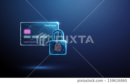 3D blue bank card and lock with fingerprint. Biometric payment, authentication, secure transaction, identity verification, customer trust, fraud prevention concept 139616860