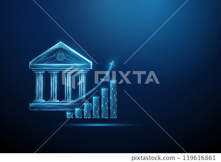 3D blue bank icon and growing chart. Banking growth, financial progress, investment success, market trend, profit achievement, milestone, business prosperity concept 3D blue bank icon and growing chart. Banking growth, financial progress, investment success, market trend, profit achievement, milestone, business prosperity concept 139616861