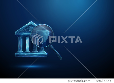 3D blue bank icon with magnifying glass and shield inside. Banking security, financial protection, fraud audit, risk inspection, customer trust, safety analysis concept 3D blue bank icon with magnifying glass and shield inside. Banking security, financial protection, fraud audit, risk inspection, customer trust, safety analysis concept 139616863