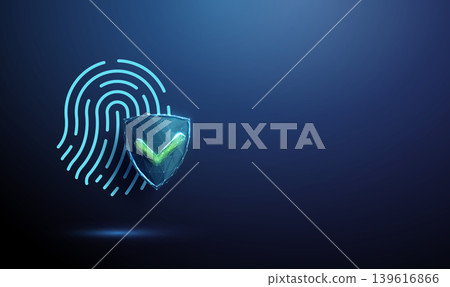 3D blue fingerprint with shield and green tick. Biometric verification, identity authentication, secure access, fraud protection, password trust, login approval concept 3D blue fingerprint with shield and green tick. Biometric verification, identity authentication, secure access, fraud protection, password trust, login approval concept 139616866