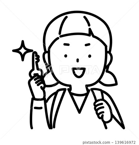 A close-up line drawing of a female elementary school student holding a key tightly. A close-up line drawing of a female elementary school student holding a key tightly. 139616972